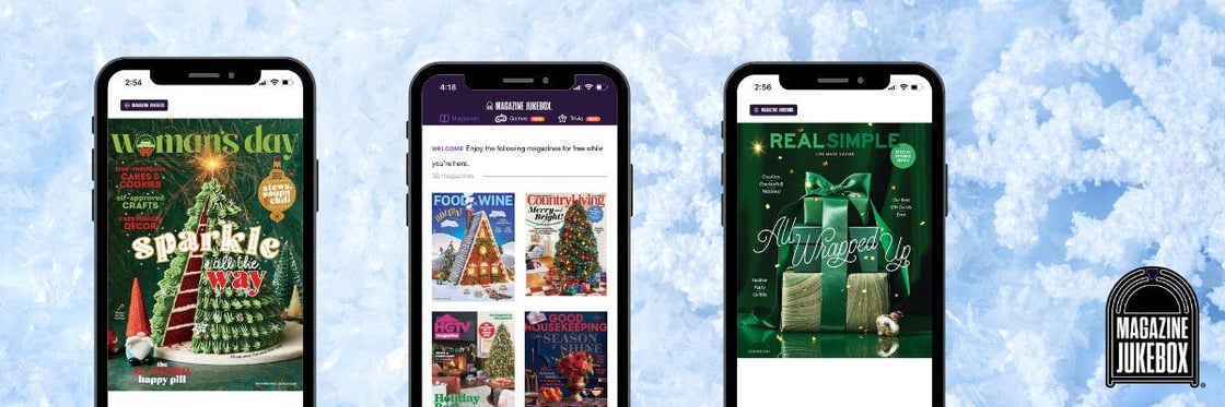 Snow background, 3 phones showing Magazine Jukebox's platform | Magazine Jukebox logo