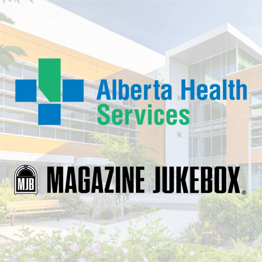 Alberta Health Services logo and Magazine Jukebox logo, overlaying photo of Alberta Health Grand Prairie Regional Hospital Services building