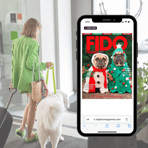 Woman with her dog leaving a hotel in the background | FIDO Friendly magazine cover shown on the Magazine Jukebox platform on a phone