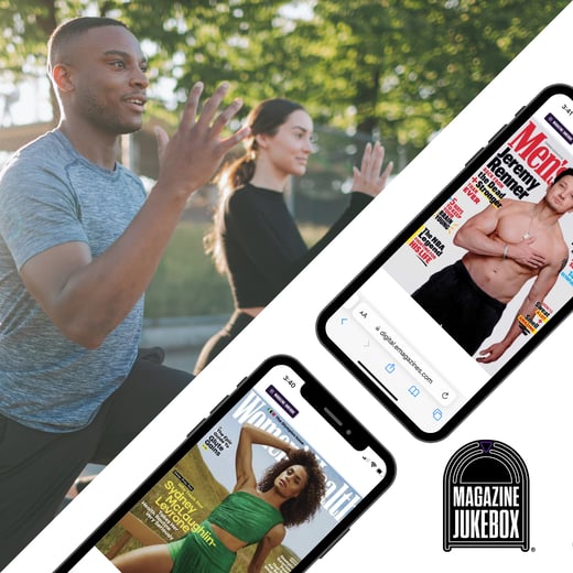 Photo of a man and woman exercising together (left), Women's Health and Men's Health magazine covers shown in Magazine Jukebox platform on a phone (right), Magazine Jukebox logo (corner)