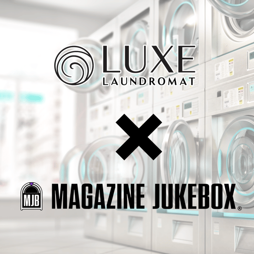 Luxe Laundromat logo and Magazine Jukebox logo | photo of washers and dryers at a laundromat in the background